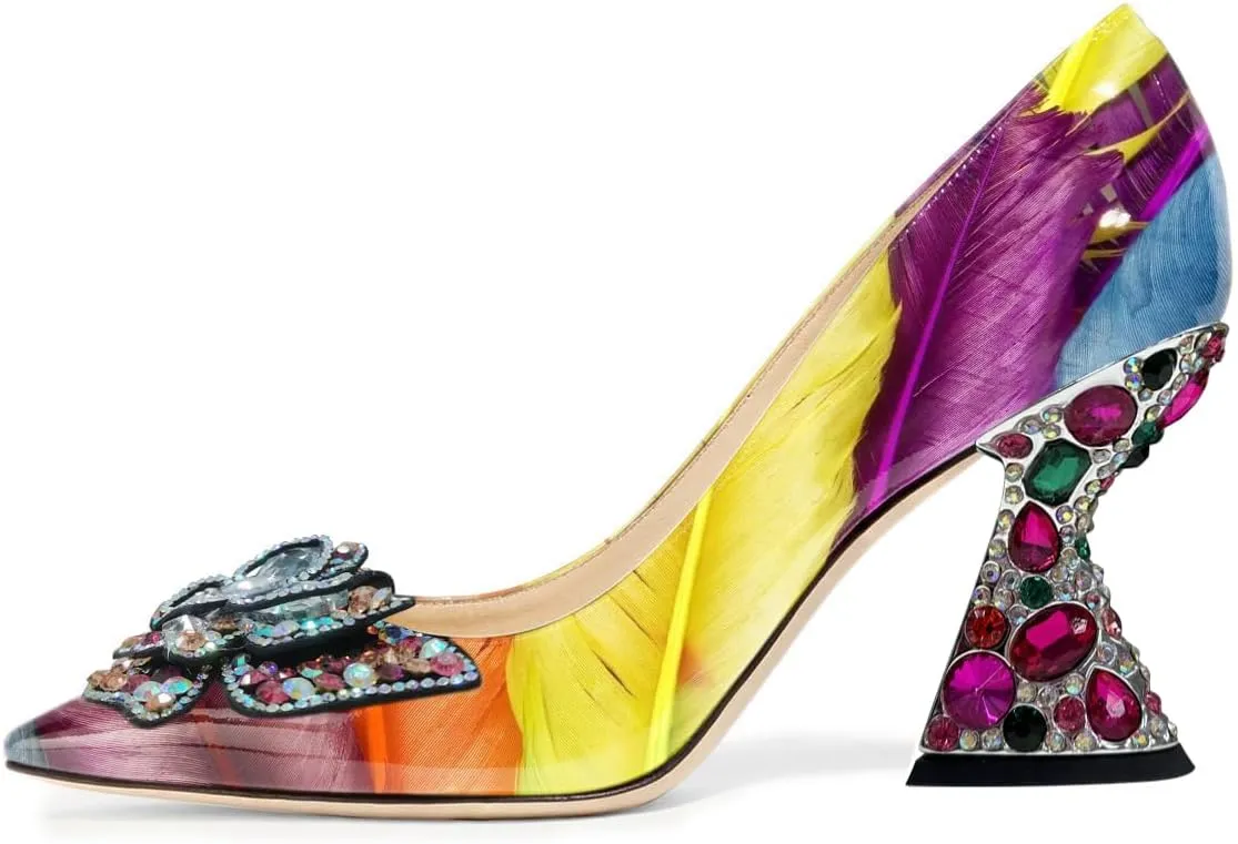 YDN Women Butterfly Pumps Colorful Crystal High Heels Studded Slip On Closed Pointed Toe Dress Shoe Wedding Party Size 4-16 US