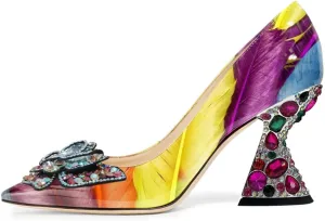 YDN Women Butterfly Pumps Colorful Crystal High Heels Studded Slip On Closed Pointed Toe Dress Shoe Wedding Party Size 4-16 US