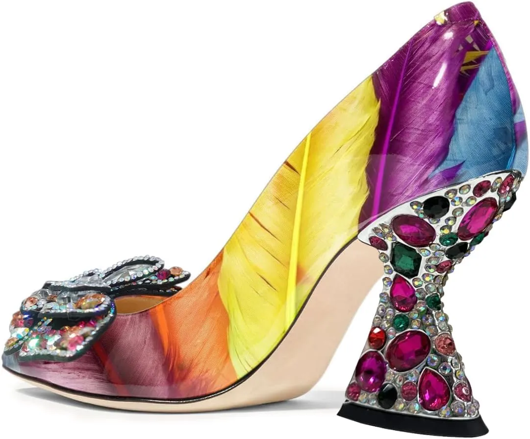 YDN Women Butterfly Pumps Colorful Crystal High Heels Studded Slip On Closed Pointed Toe Dress Shoe Wedding Party Size 4-16 US
