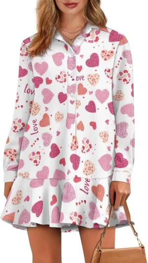 Youngerbaby Valentine's Day Shirt Dresses for Woman Ruffle Hem Dresses with Pockets Long Sleeve Mini Dress S-2XL