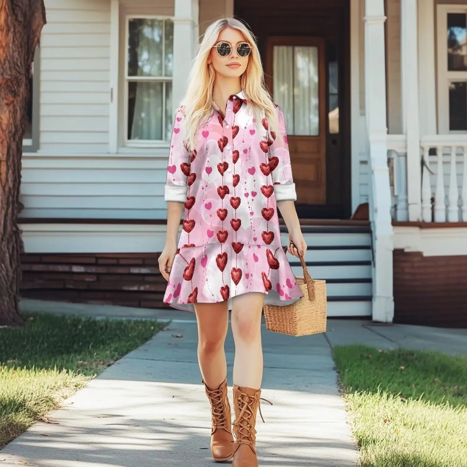 Youngerbaby Valentine's Day Shirt Dresses for Woman Ruffle Hem Dresses with Pockets Long Sleeve Mini Dress S-2XL