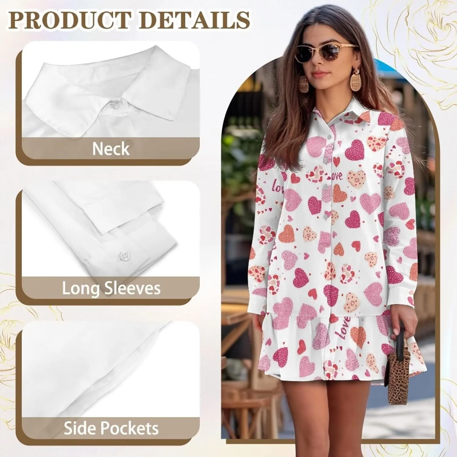 Youngerbaby Valentine's Day Shirt Dresses for Woman Ruffle Hem Dresses with Pockets Long Sleeve Mini Dress S-2XL