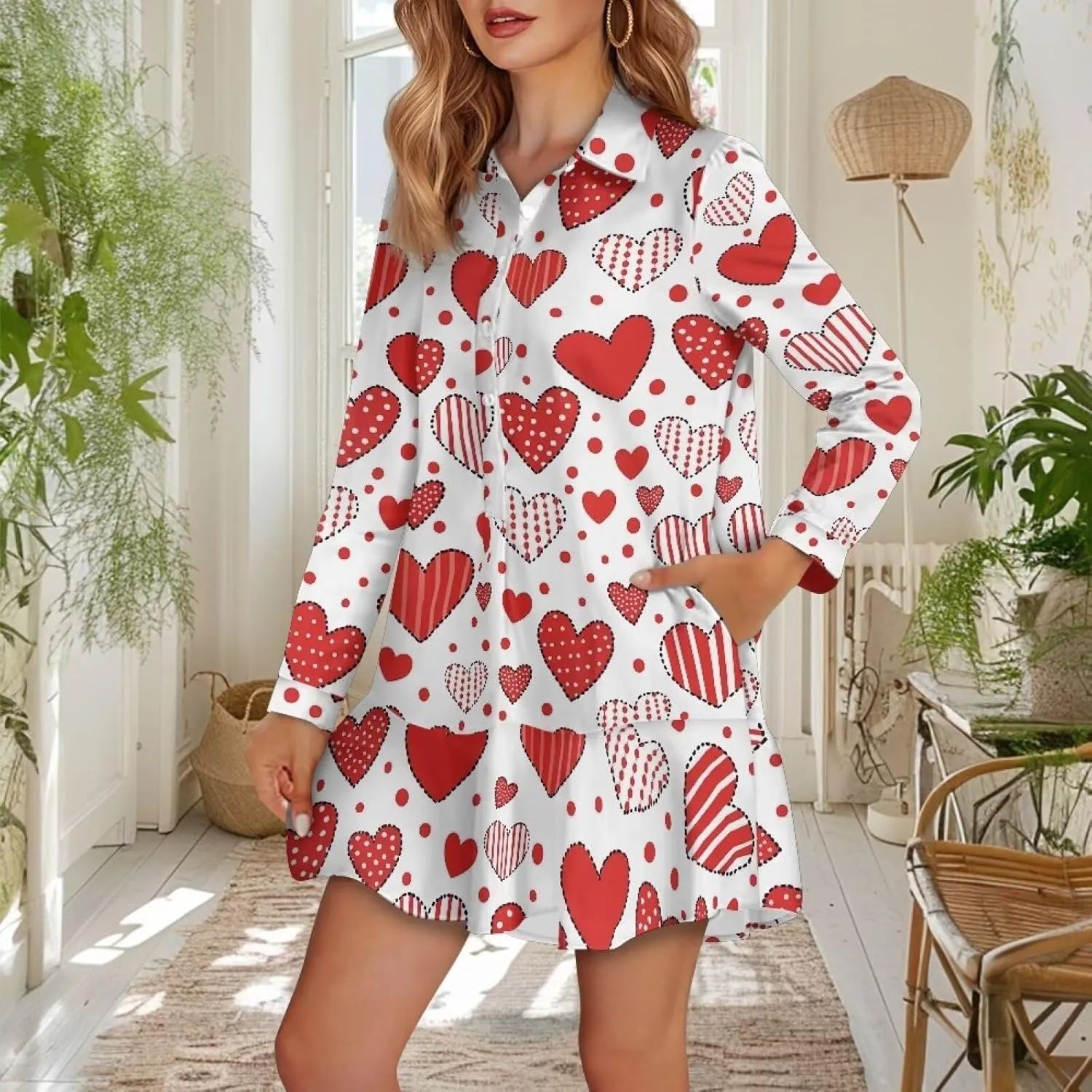 Youngerbaby Valentine's Day Shirt Dresses for Woman Ruffle Hem Dresses with Pockets Long Sleeve Mini Dress S-2XL