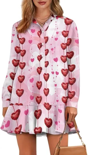 Youngerbaby Valentine's Day Shirt Dresses for Woman Ruffle Hem Dresses with Pockets Long Sleeve Mini Dress S-2XL
