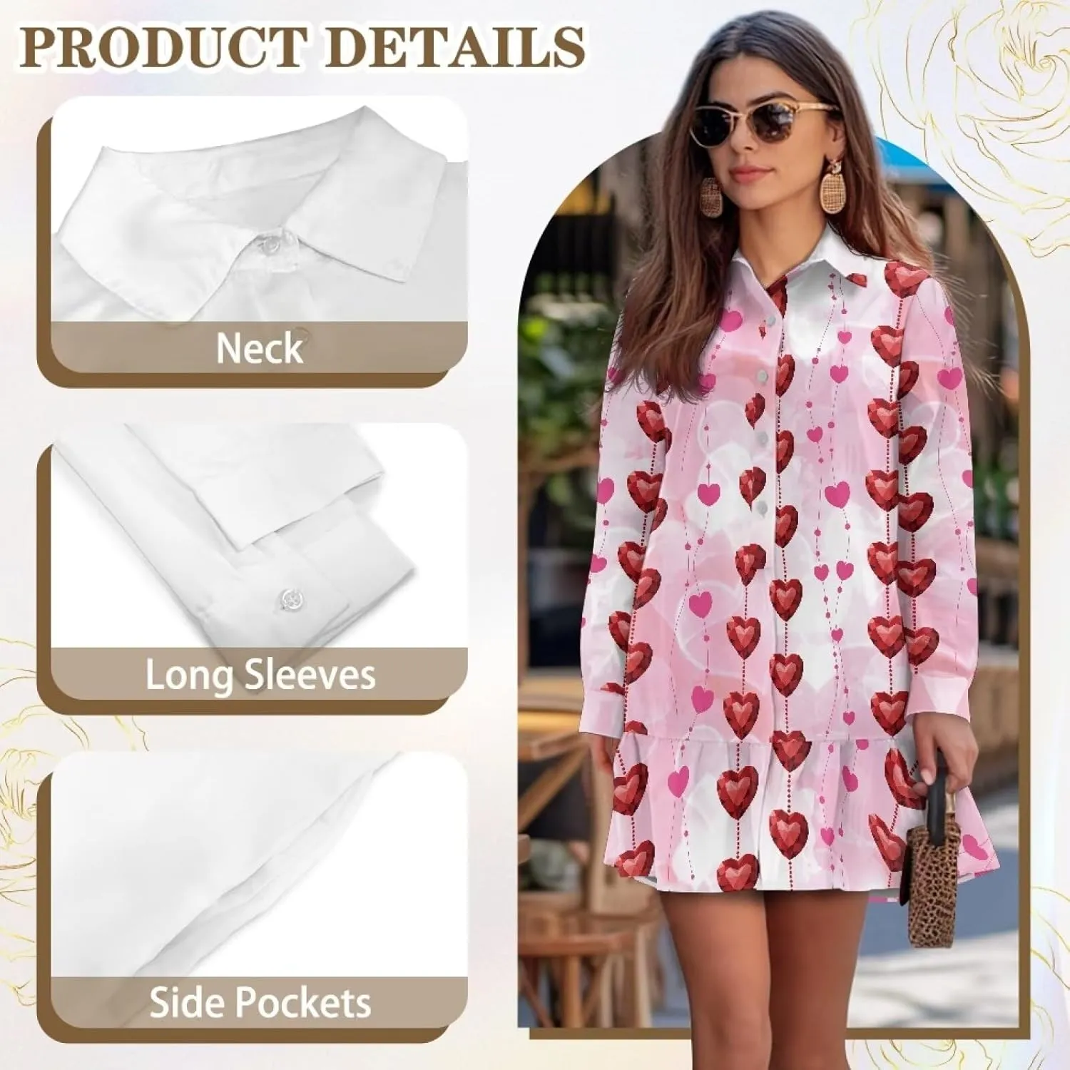 Youngerbaby Valentine's Day Shirt Dresses for Woman Ruffle Hem Dresses with Pockets Long Sleeve Mini Dress S-2XL