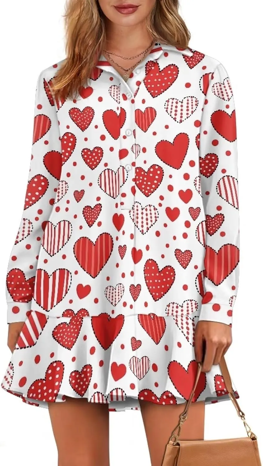 Youngerbaby Valentine's Day Shirt Dresses for Woman Ruffle Hem Dresses with Pockets Long Sleeve Mini Dress S-2XL