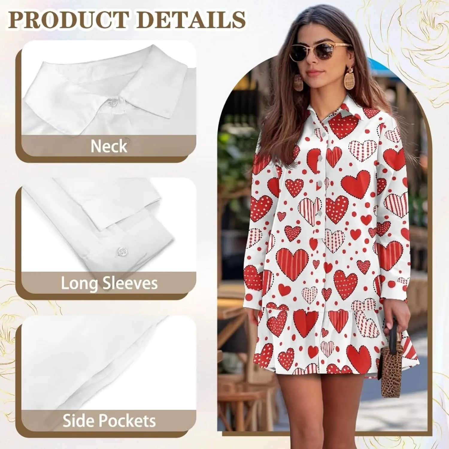 Youngerbaby Valentine's Day Shirt Dresses for Woman Ruffle Hem Dresses with Pockets Long Sleeve Mini Dress S-2XL