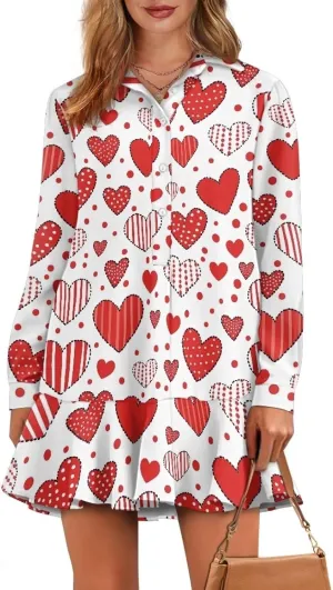 Youngerbaby Valentine's Day Shirt Dresses for Woman Ruffle Hem Dresses with Pockets Long Sleeve Mini Dress S-2XL